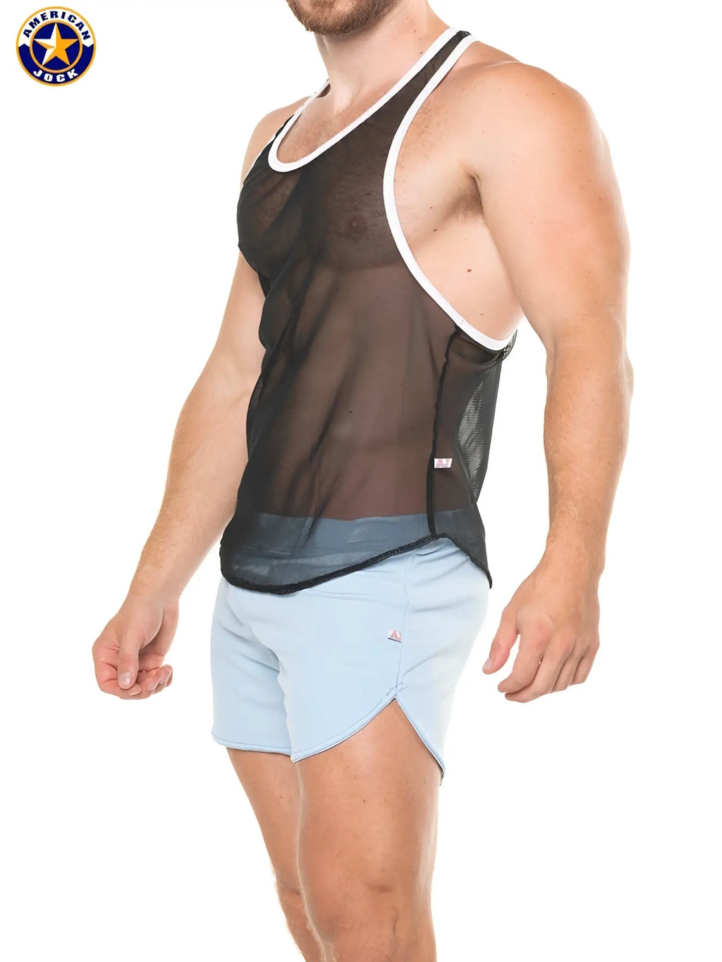 Black mesh gym tank top with white trim and solid gray panel at the bottom from A J Physique