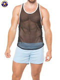 A j physique mesh gym tank black mesh tank top with white trim and folded blue hem for workout use