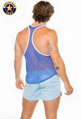 Blue and white A J Physique mesh gym tank with sheer upper section designed as an american jock tank top