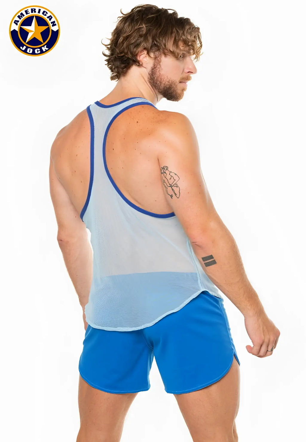 Light blue A J Physique mesh gym tank top with navy trim racerback and solid bottom panel front view