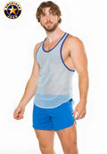 A j physique mesh gym tank featuring a light blue mesh fabric with navy blue trim and a classic american jock design