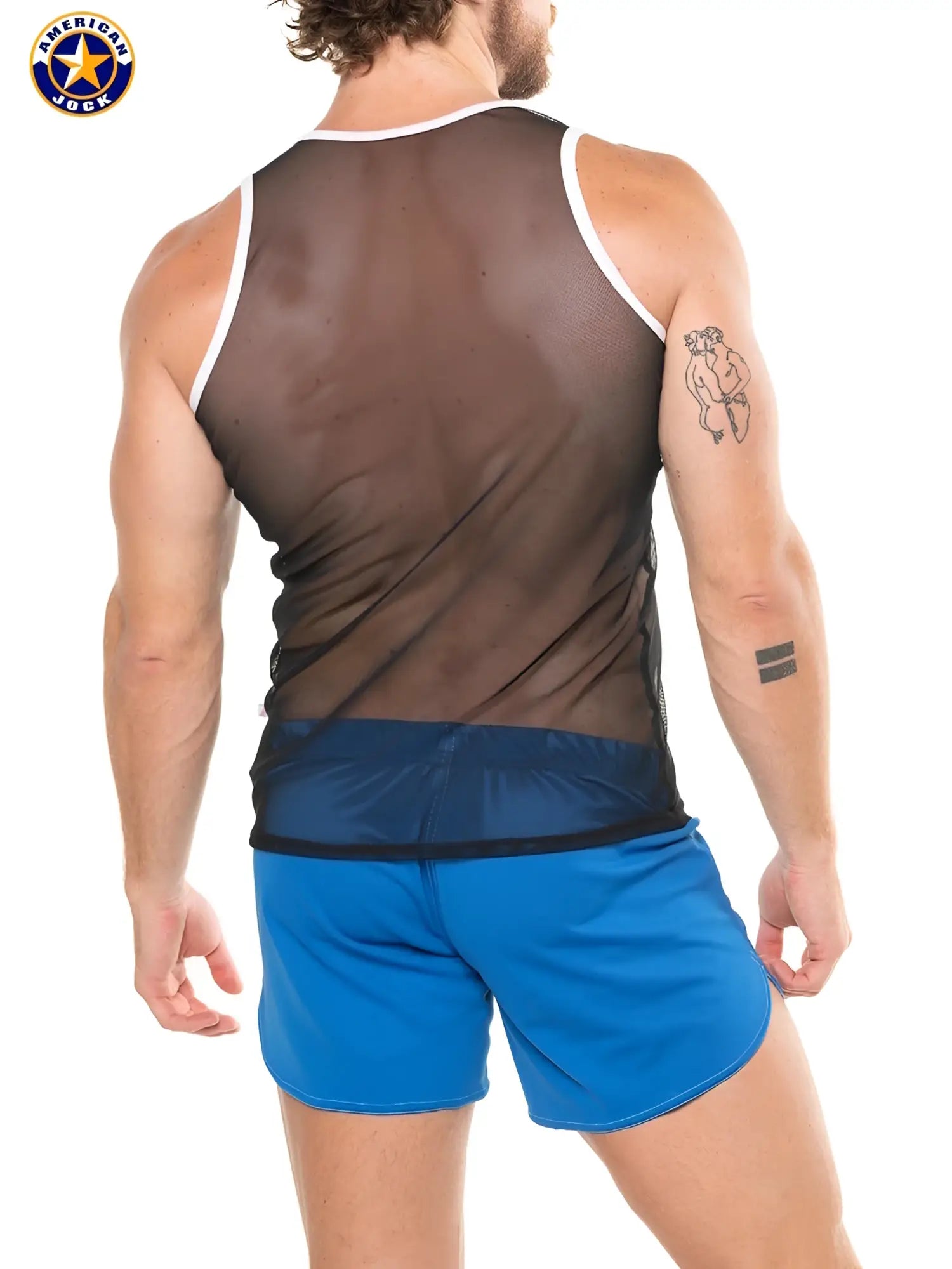 A J Physique mesh tank top in black mesh with white trim and navy blue waistband showing the front side