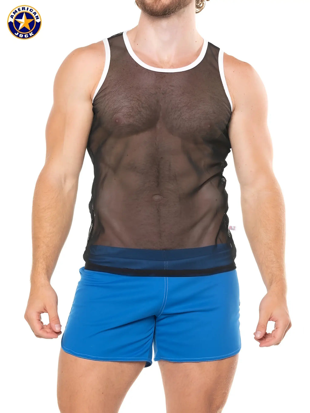 A J Physique mesh tank top in black mesh with white trim and navy blue waistband for athletic wear