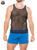 A J Physique mesh tank top in black mesh with white trim and navy blue waistband for athletic wear
