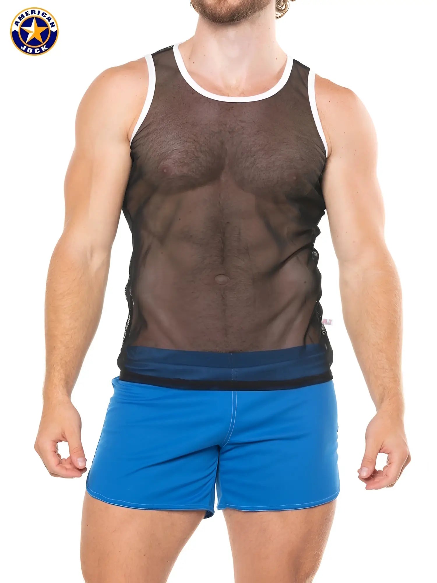 A J Physique mesh tank top in black mesh with white trim and navy blue waistband for athletic wear