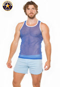 A j physique mesh tank top in blue with white trim featuring a sheer mesh fabric for athletic wear