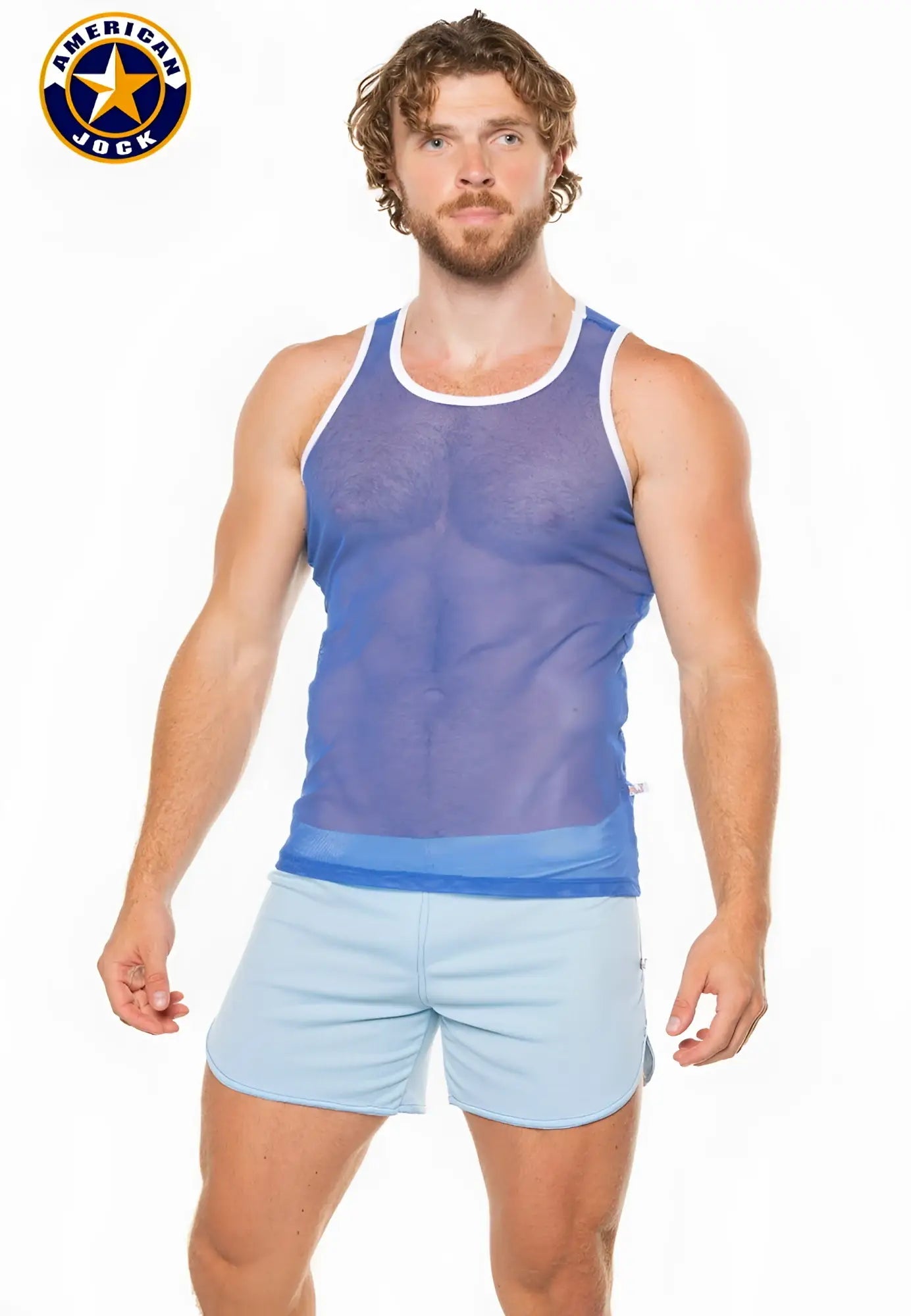 A j physique mesh tank top in blue with white trim featuring a sheer mesh fabric for athletic wear