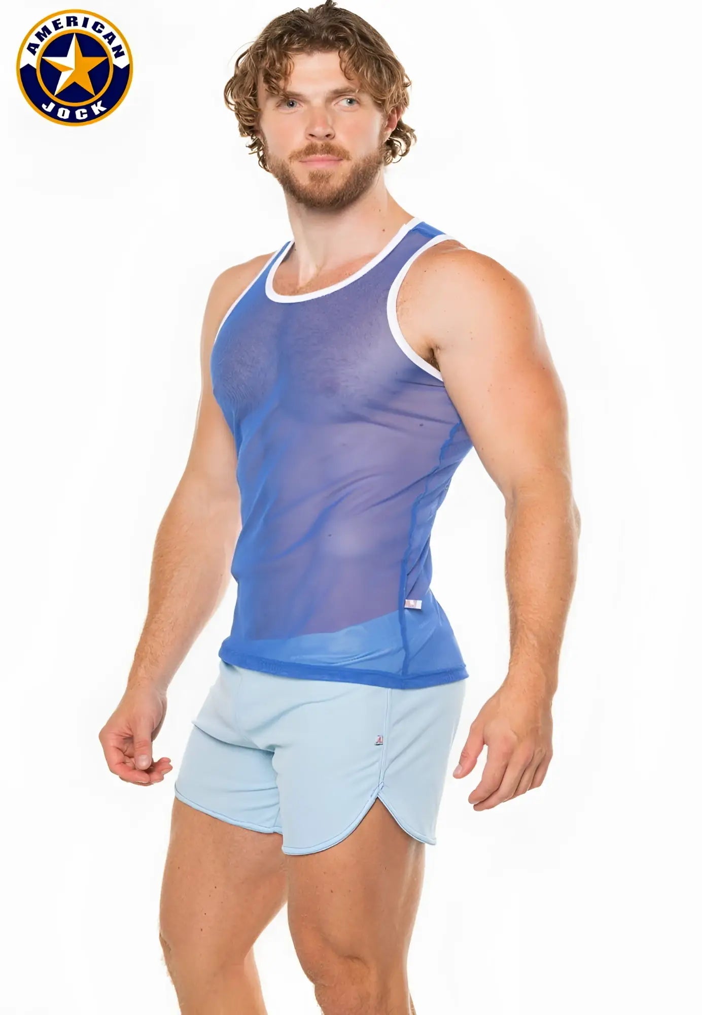 Blue translucent american jock tank top with white trim made from mesh fabric for athletic use by a j physique