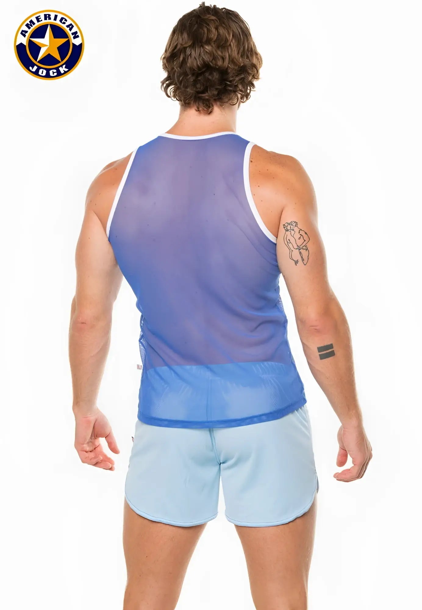 A j physique mesh tank top in blue translucent mesh with white trim and solid blue panel featuring american jock logo