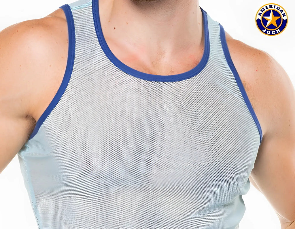 A j physique mesh tank top in light blue mesh with navy blue trim designed for breathable activewear use