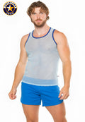Light blue mesh tank top with navy trim and subtle texture featuring american jock brand logo by A J Physique