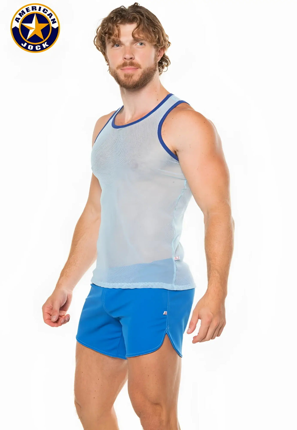 Light blue mesh tank top with navy blue trim by american jock featuring breathable lightweight fabric