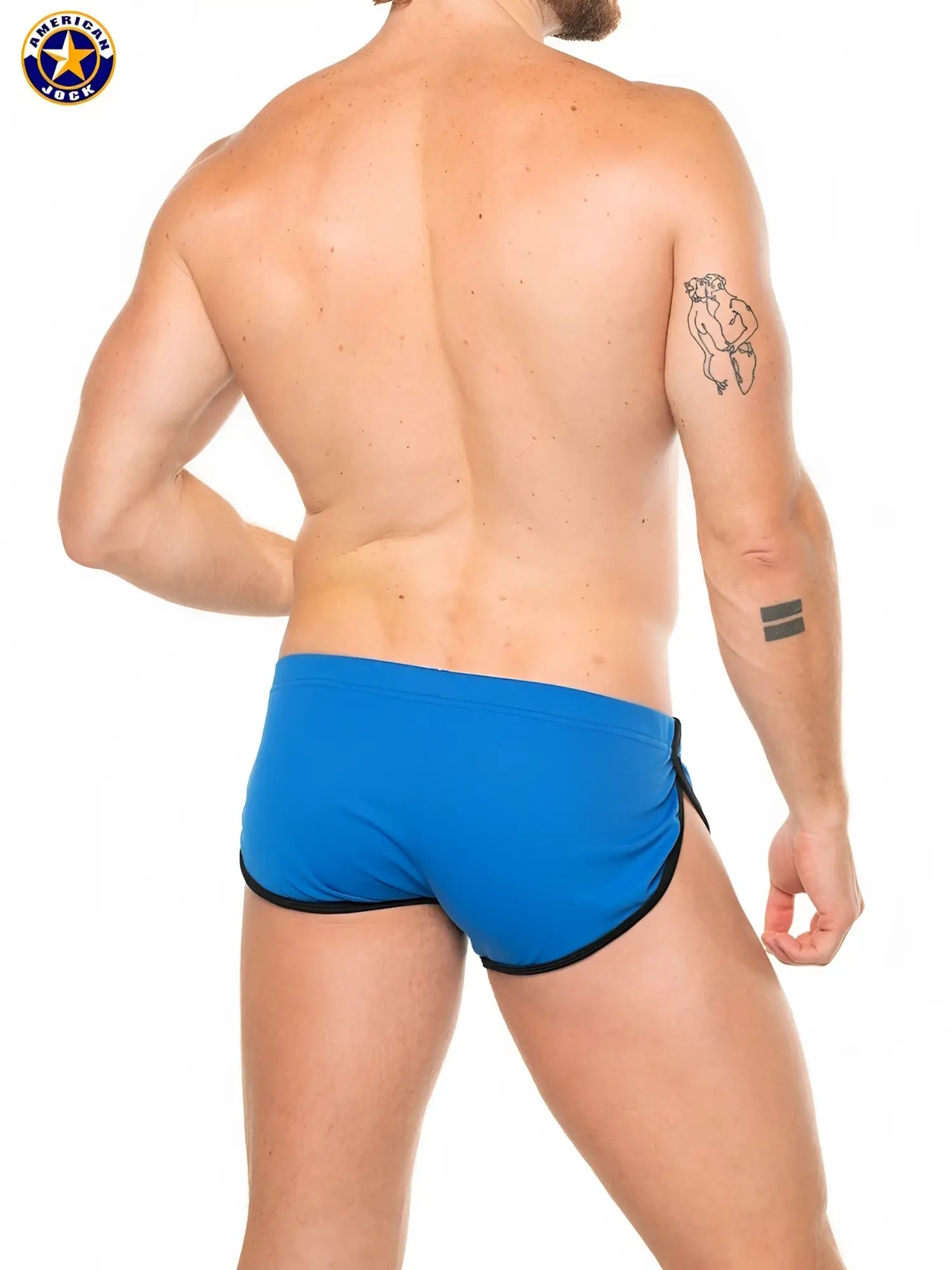 Blue american jack swim trunks with black trim from a j physique sprint short designed for athletic performance