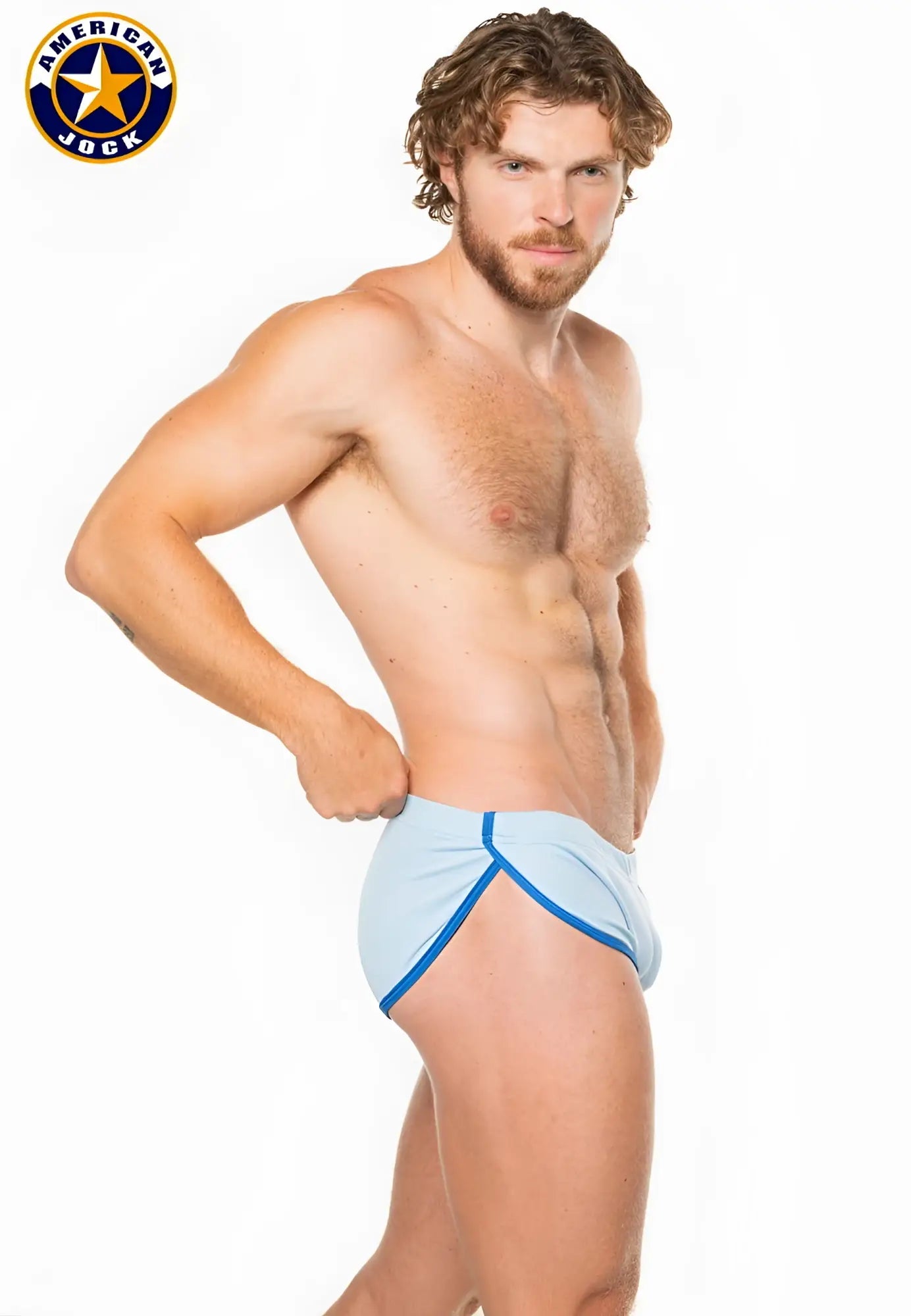 Light blue american jock briefs with navy blue trim from a j physique sprint short collection
