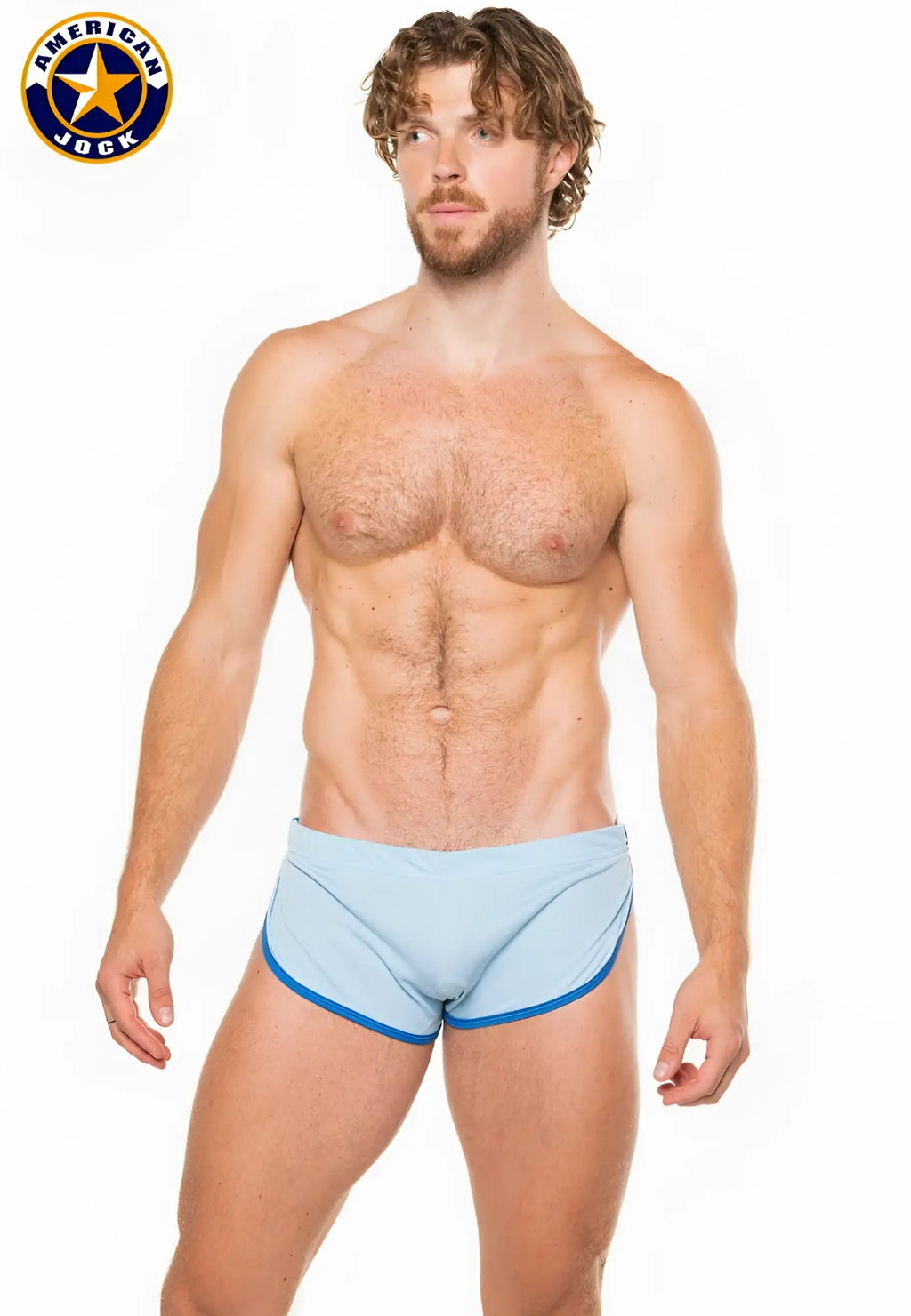 Light blue american jock briefs with navy blue trim from a j physique sprint short collection for athletic support