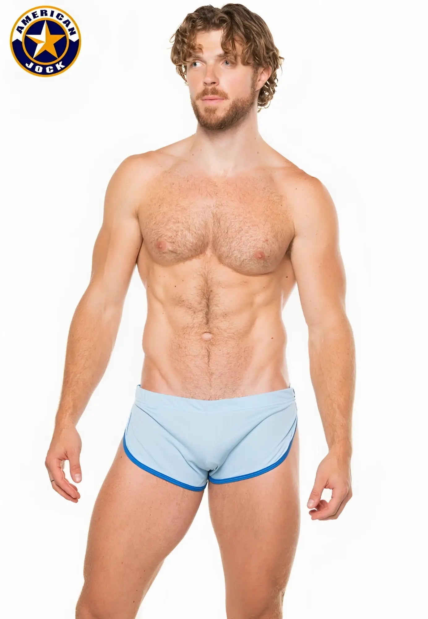 Light blue american jock briefs with navy blue trim from a j physique sprint short collection for athletic support