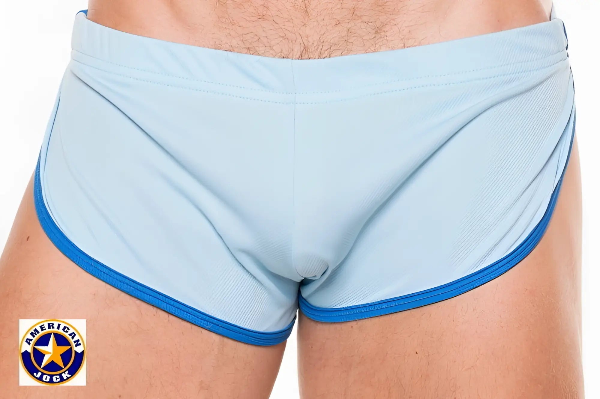 A j physique sprint short light blue american jock swim trunks with royal blue trim on waistband and leg openings