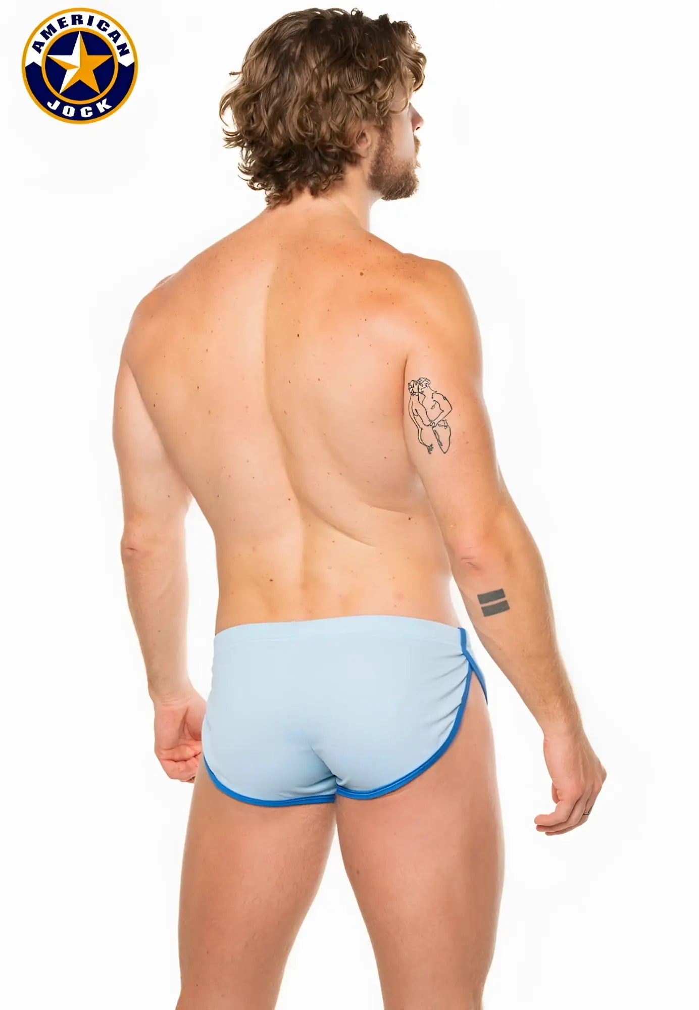 A j physique sprint short light blue american jock swim trunks with royal blue trim on waistband and leg openings