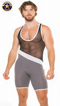 A j physique tri-color singlet american dock brand gray and white mesh wrestling singlet with solid lower section