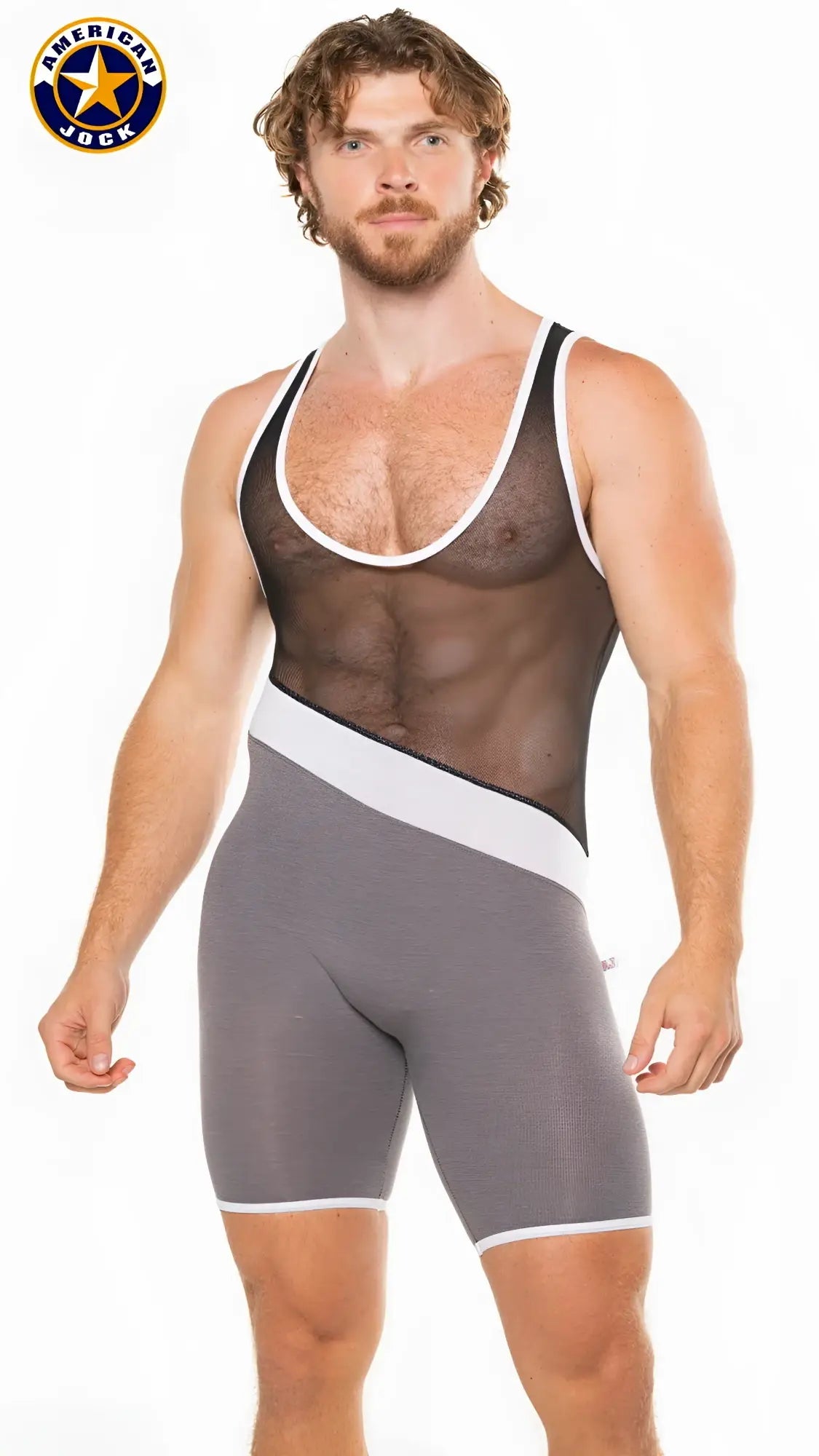A j physique tri-color singlet american dock brand gray and white mesh wrestling singlet with solid lower section