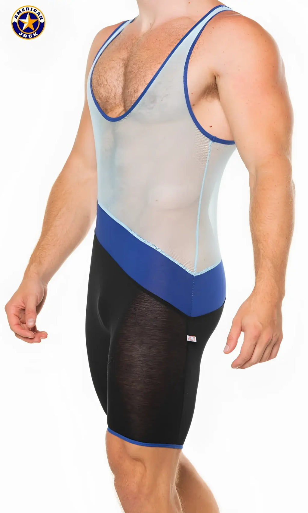 Blue and black mesh wrestling singlet with bold color-block design from a j physique tri-color singlet collection