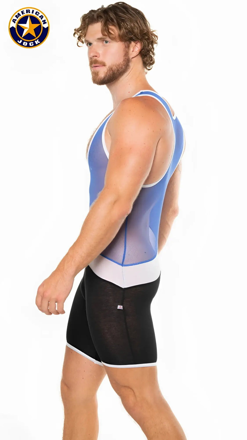 Blue and white a j physique tri-color american jock wrestling singlet with mesh panels and breathable fabric