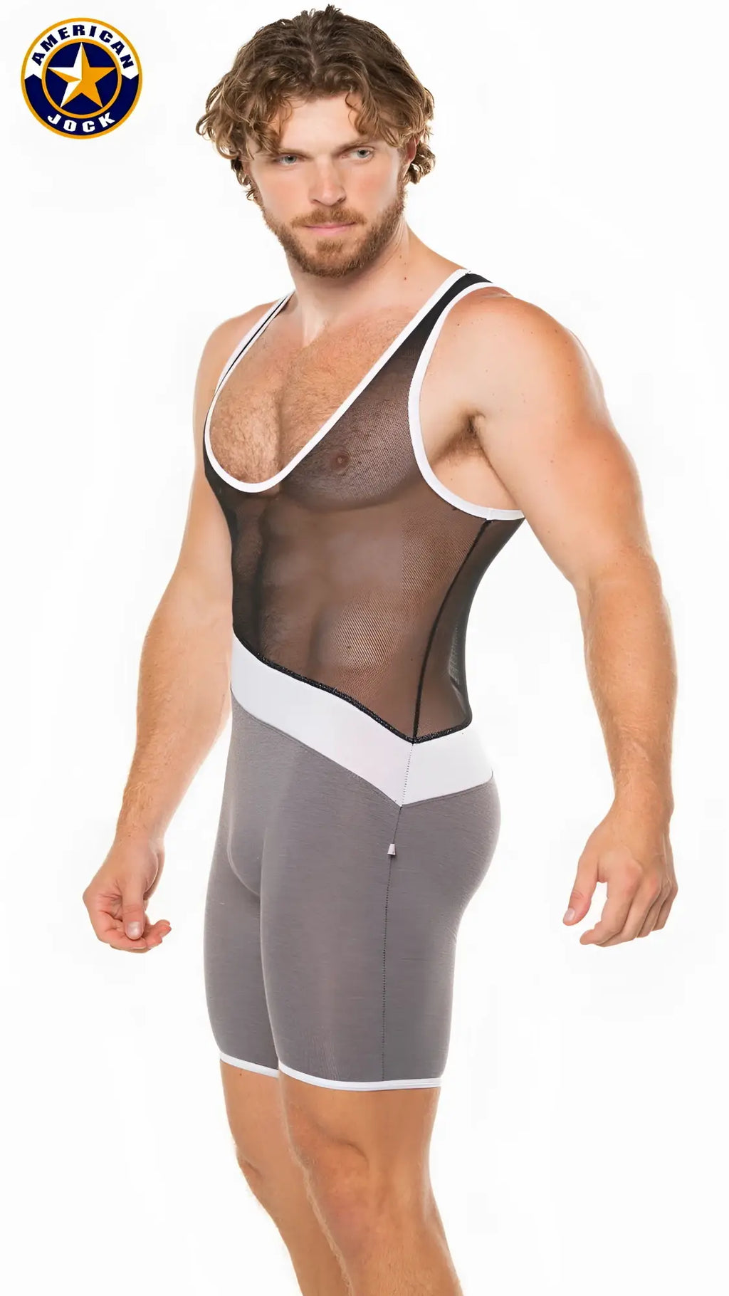 A j physique tri-color singlet in gray and white with a mesh front panel designed for american jock wrestling