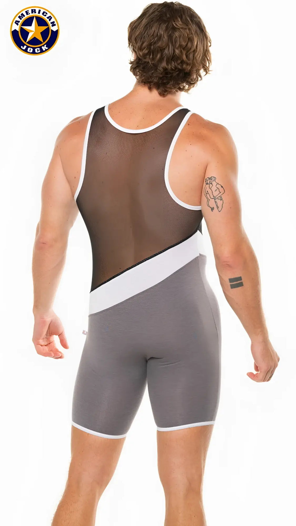 Back view of gray and white A J Physique tri-color american jock wrestling singlet with mesh back panel
