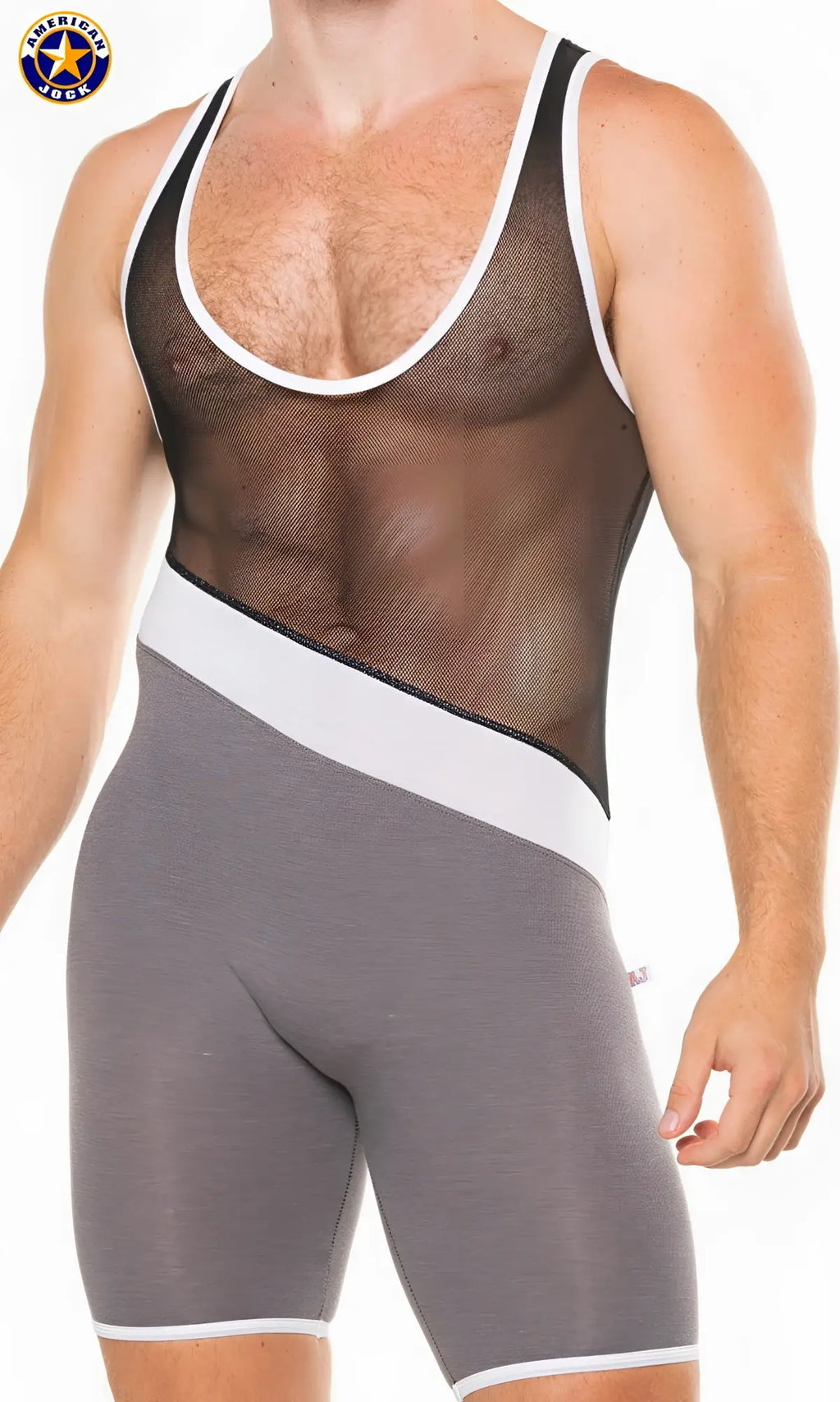 A j physique tri-color singlet gray and white mesh wrestling singlet with black trim for performance wrestling