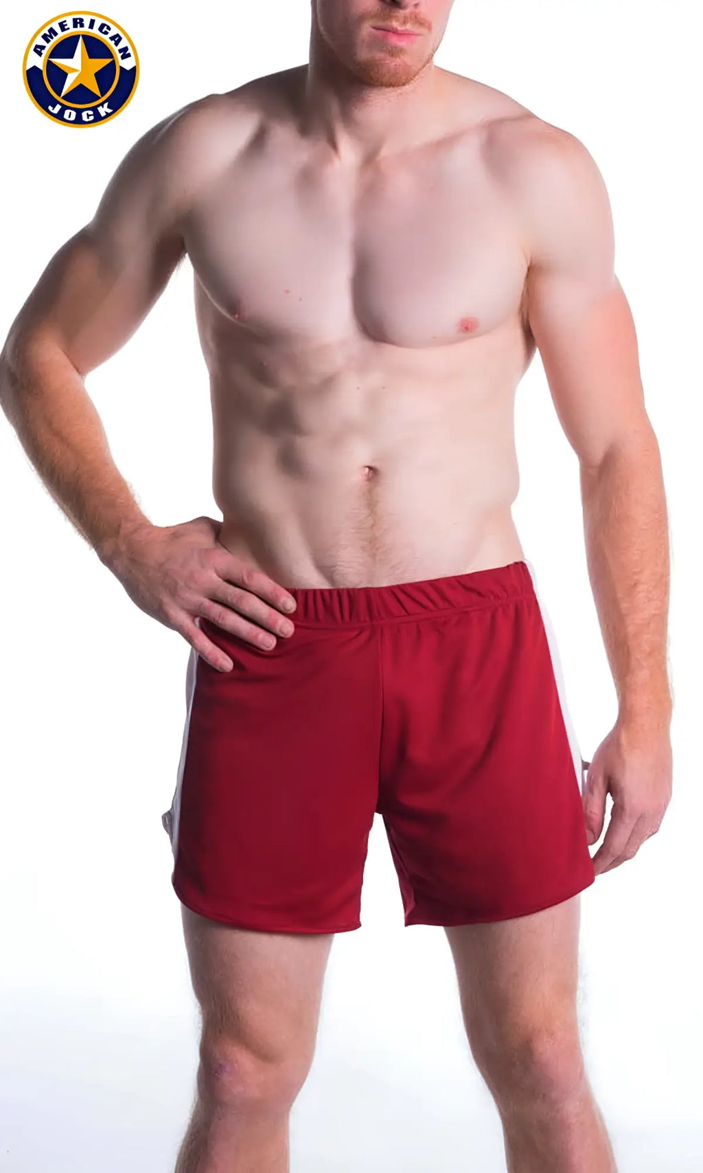 Red american jock athletic shorts with white side stripes and built-in jockstrap for sports and training use