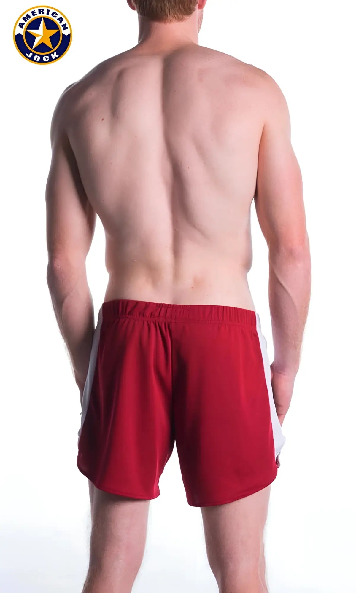 Red athletic shorts with white side stripes elastic waistband and built-in jockstrap from american jock