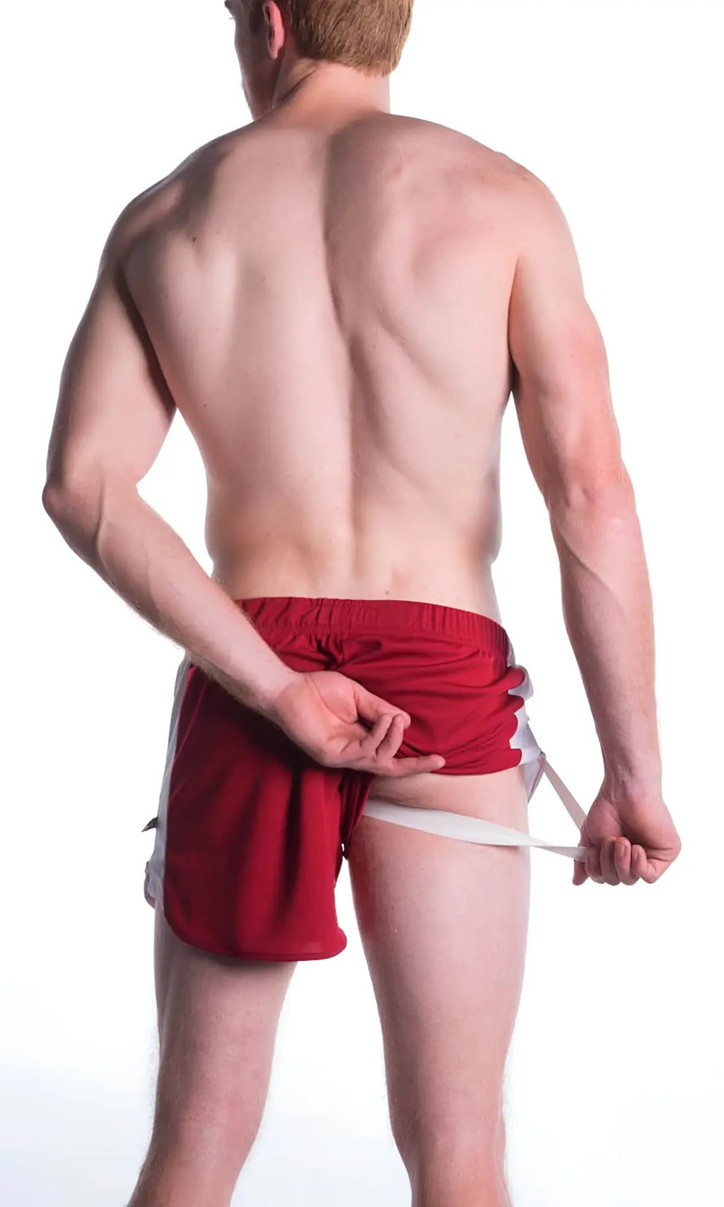 Red a j relay athletic shorts with white side stripes and built-in jockstrap featuring a drawstring waistband