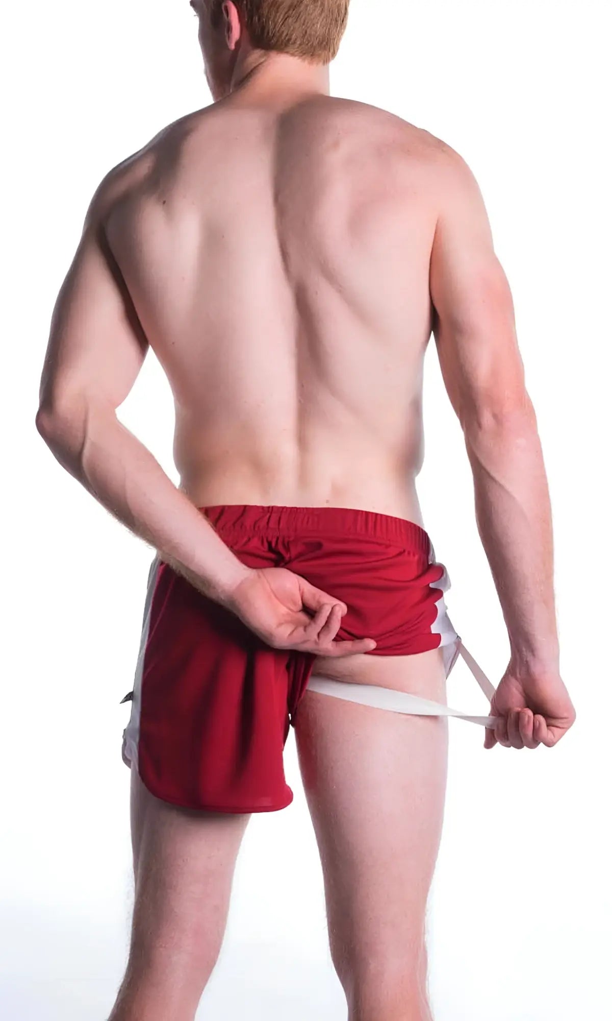 Red a j relay athletic shorts with white side stripes and built-in jockstrap featuring a drawstring waistband