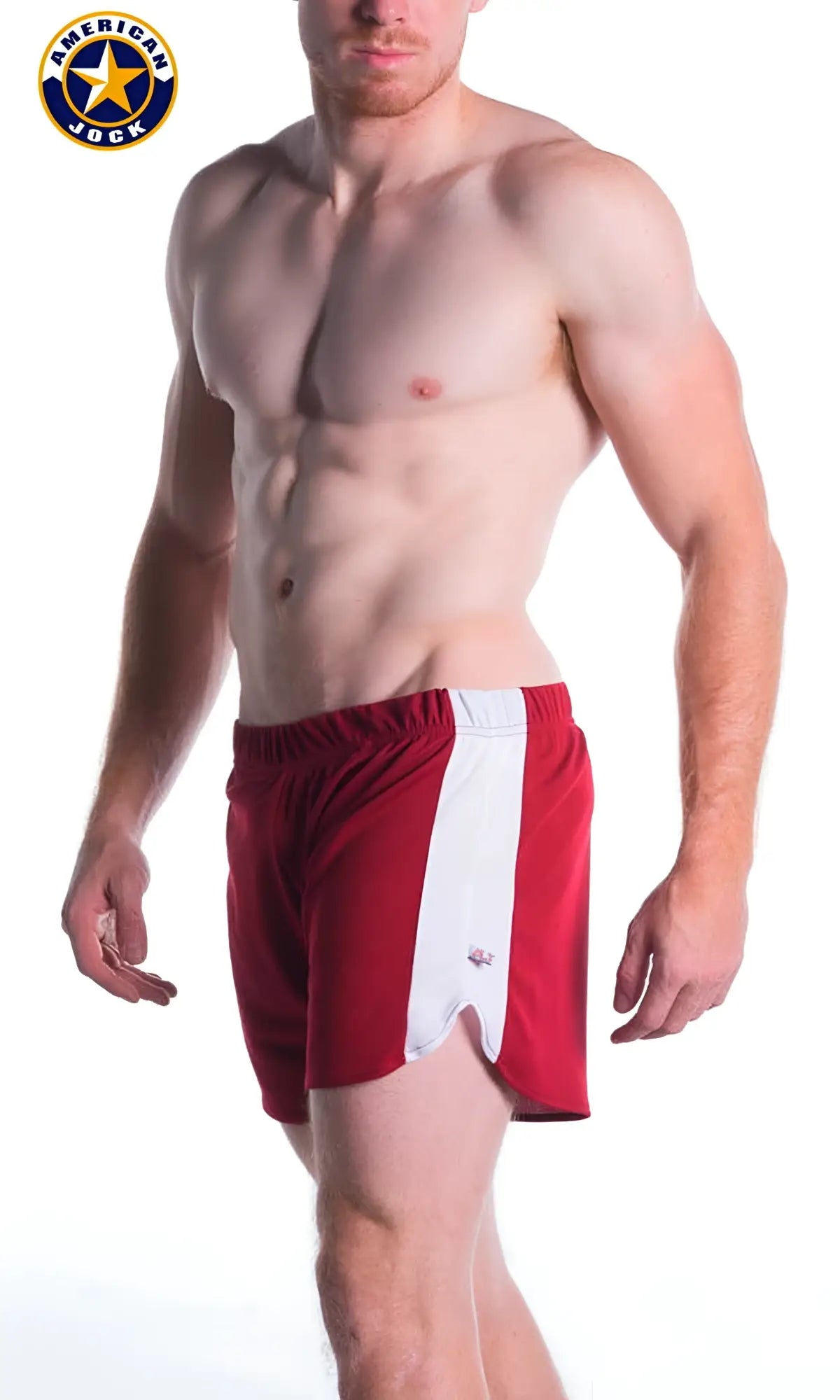 Red and white A J Relay athletic shorts with built-in jockstrap and vertical side stripe for active use