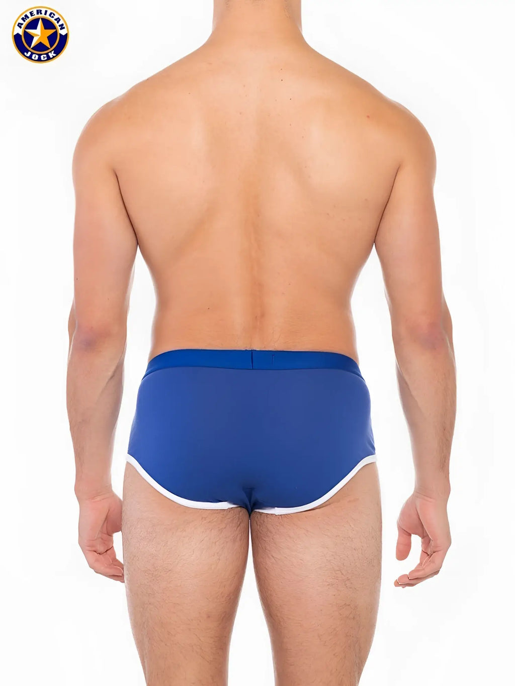 Blue american jack swim trunks with white trim from a j sport brief featuring a sporty brief design