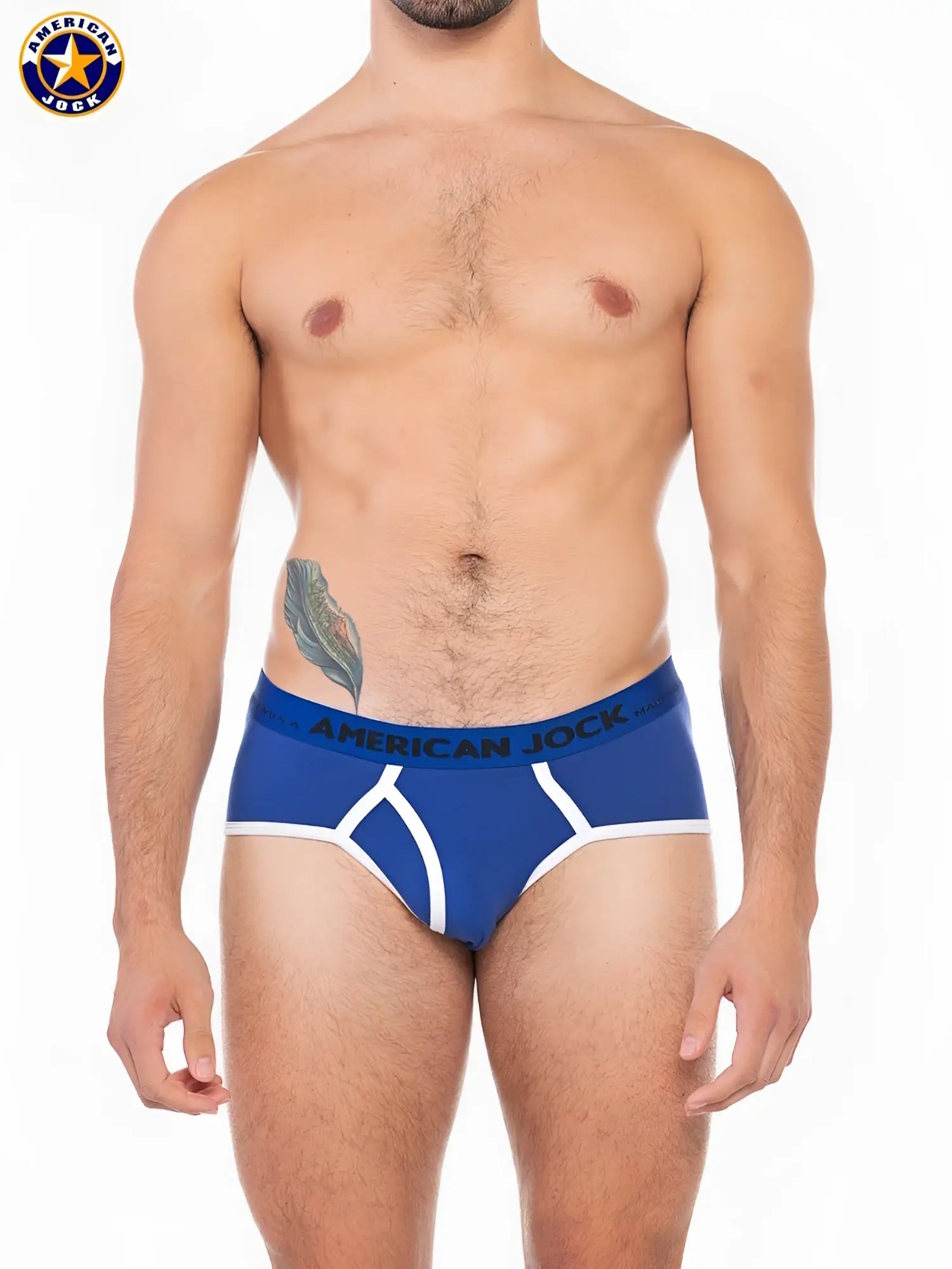 Blue american jack sport brief in breathable fabric with white trim and bold logo waistband for active wear