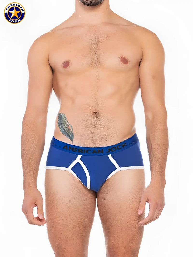 Blue american jack sport brief in breathable fabric with white trim and bold logo waistband for active wear
