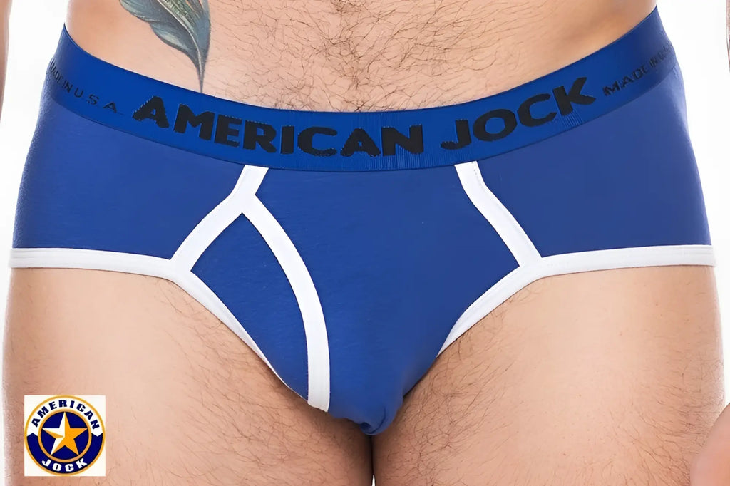 Blue american jock men’s briefs with white trim and bold logo band from a j sport brief collection