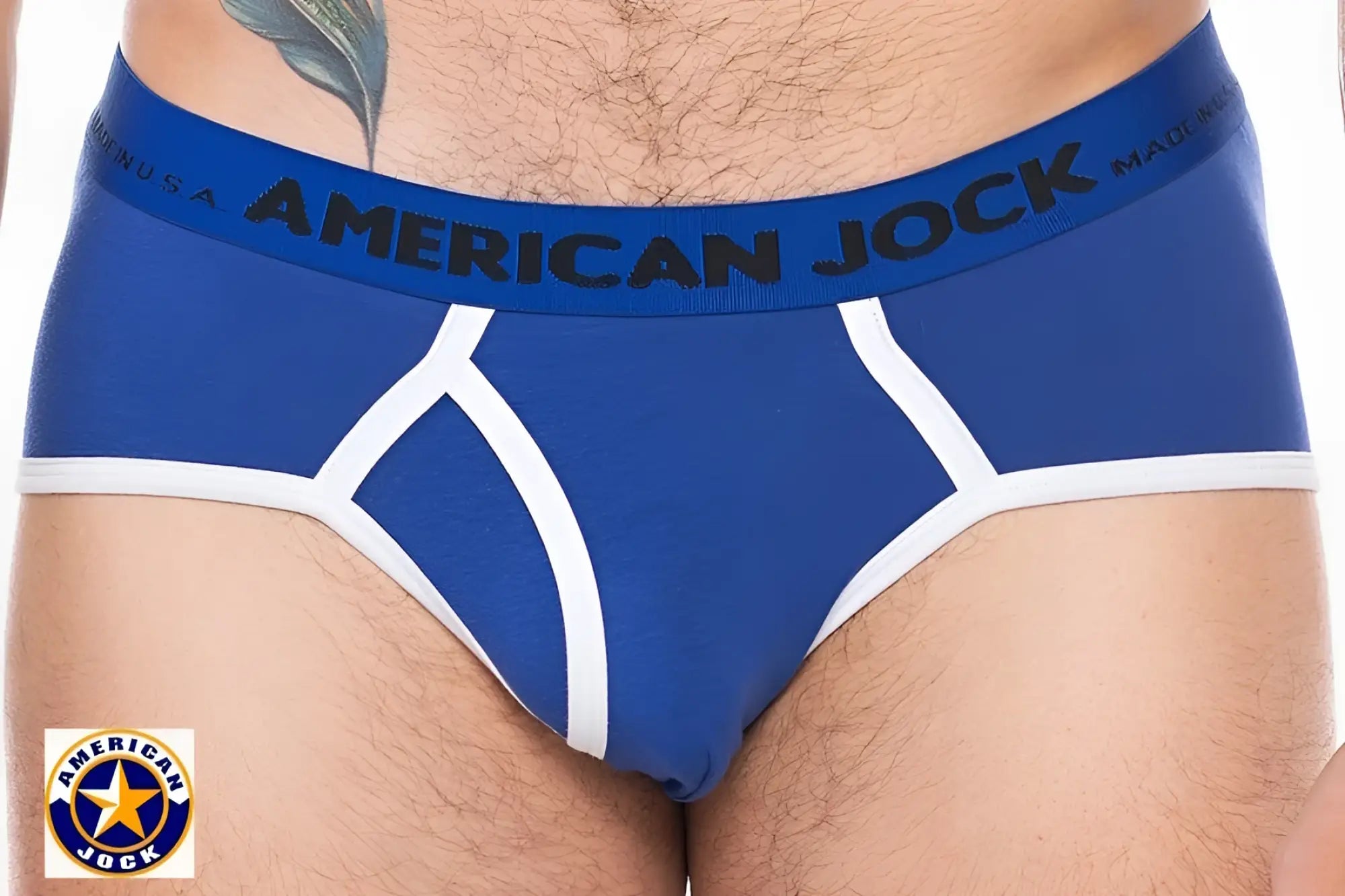 Blue american jock men’s briefs with white trim and bold logo band from a j sport brief collection