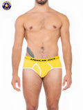 Bright yellow american jack men’s sport briefs with white trim and bold black logo waistband