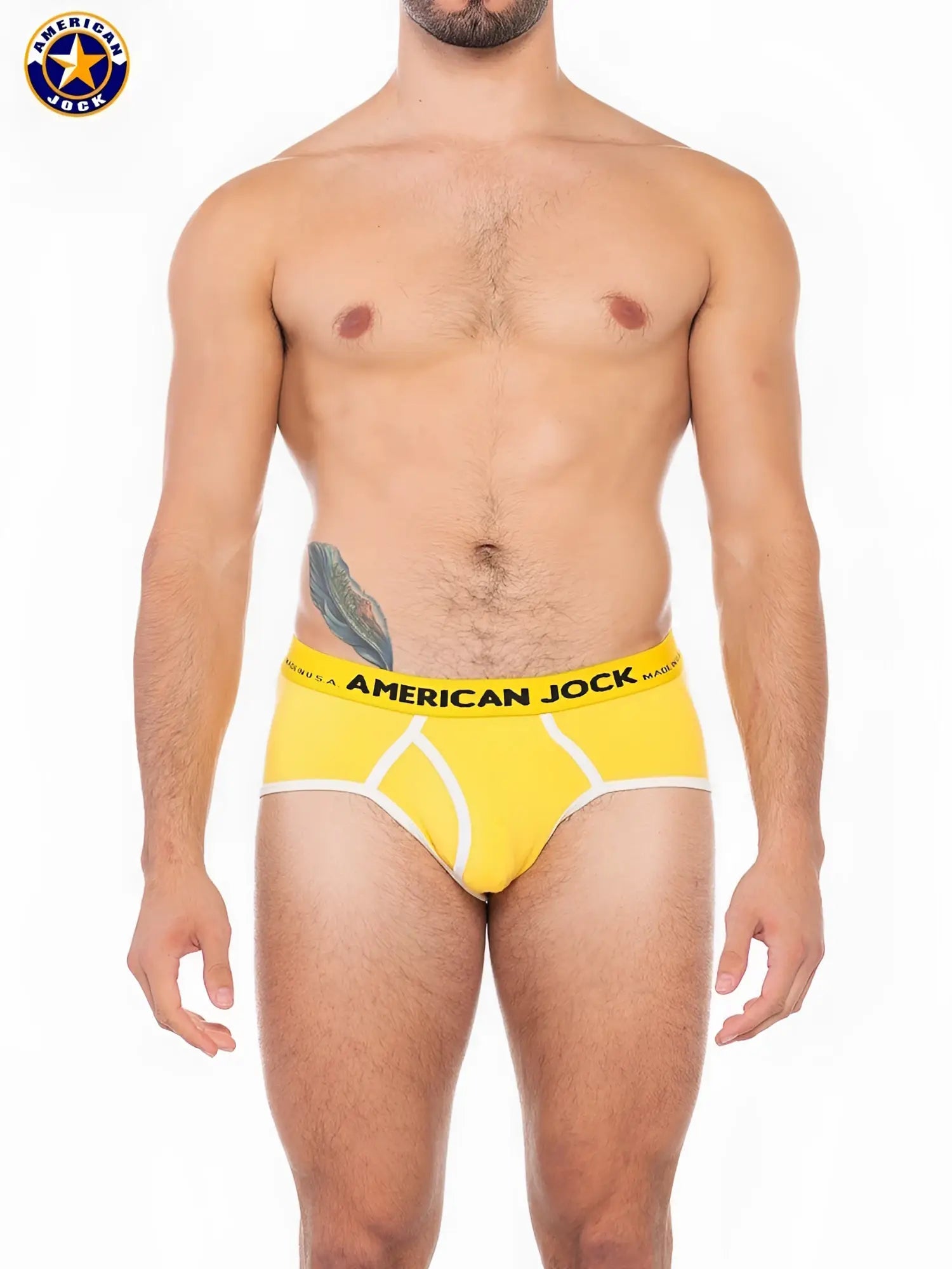 Bright yellow american jack men’s sport briefs with white trim and bold black logo waistband