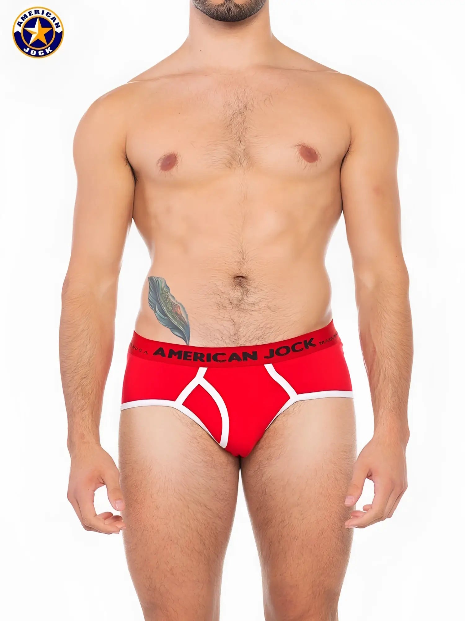 Red american jock briefs with white trim and a black waistband featuring the brand name a j sport brief