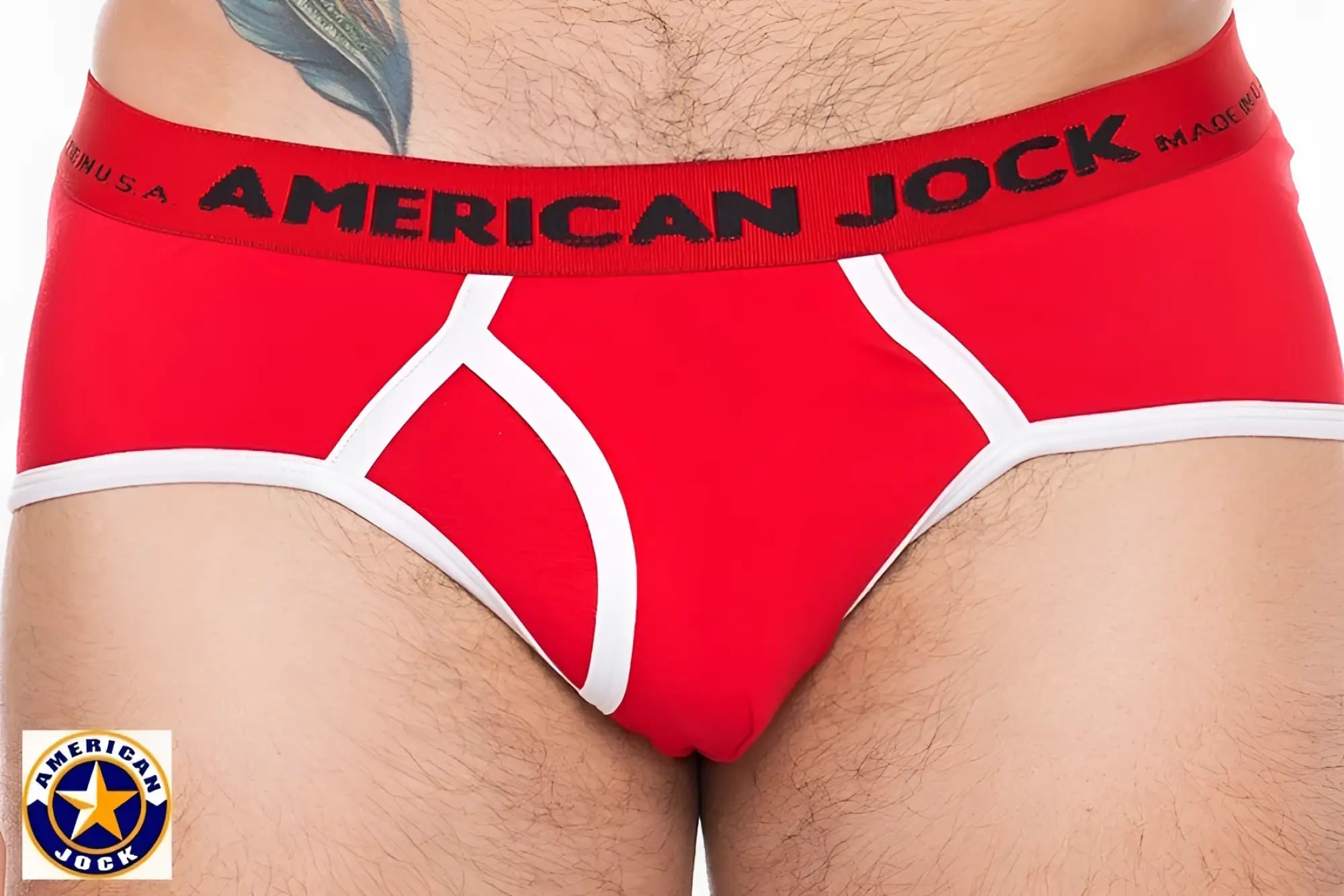 Red american jock briefs with white trim and black logo waistband in a sport brief style for active use