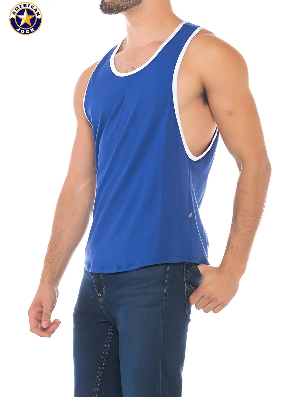 Blue american jack deep armhole tank top with white trim designed for sports and casual wear