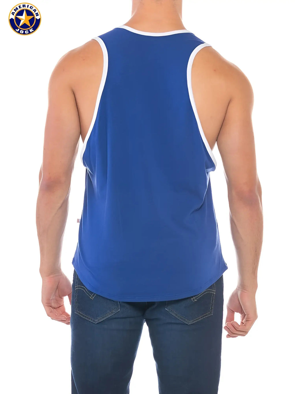 Blue american jack deep armhole tank top with white trim for sports and casual wear