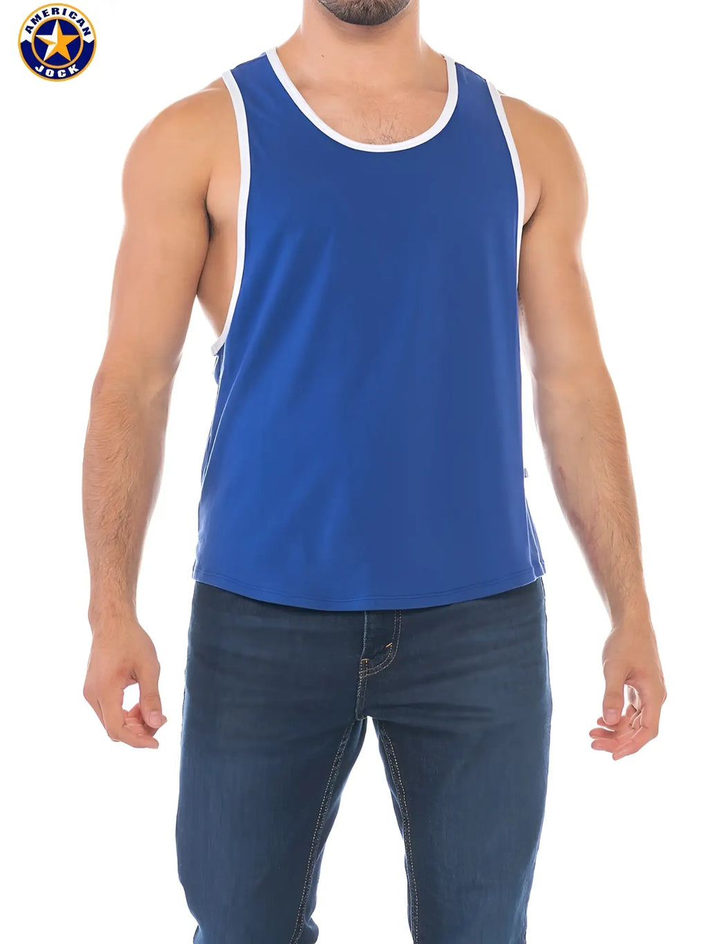 Blue american jock tank top with white trim featuring deep armholes for sports and casual wear