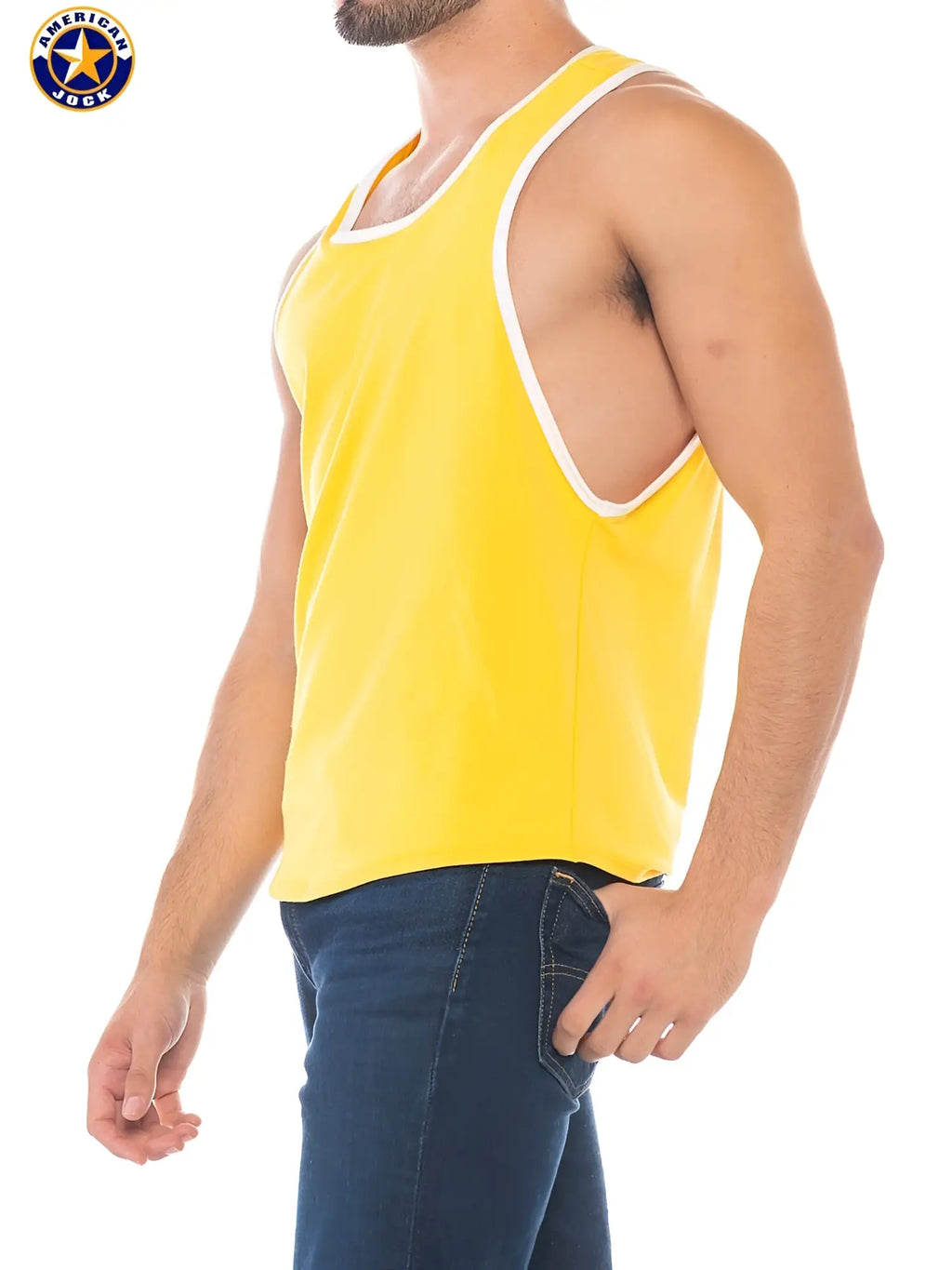 Bright yellow american jack deep armhole tank top with white trim designed for sports and casual wear