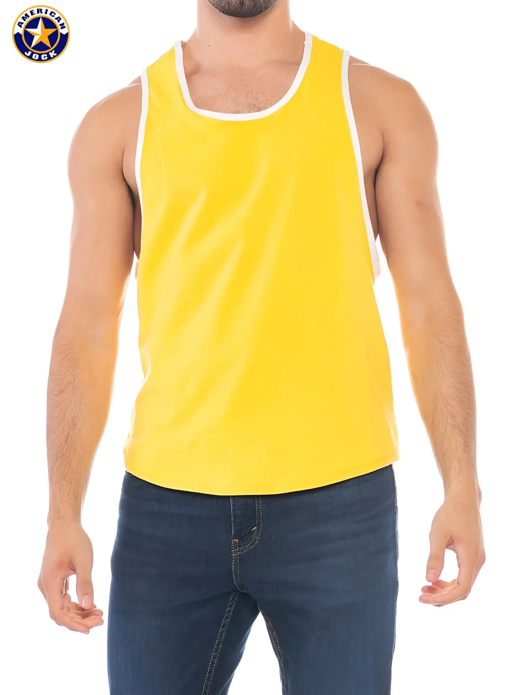 Bright yellow american jack tank top with white trim featuring deep armholes for athletic use
