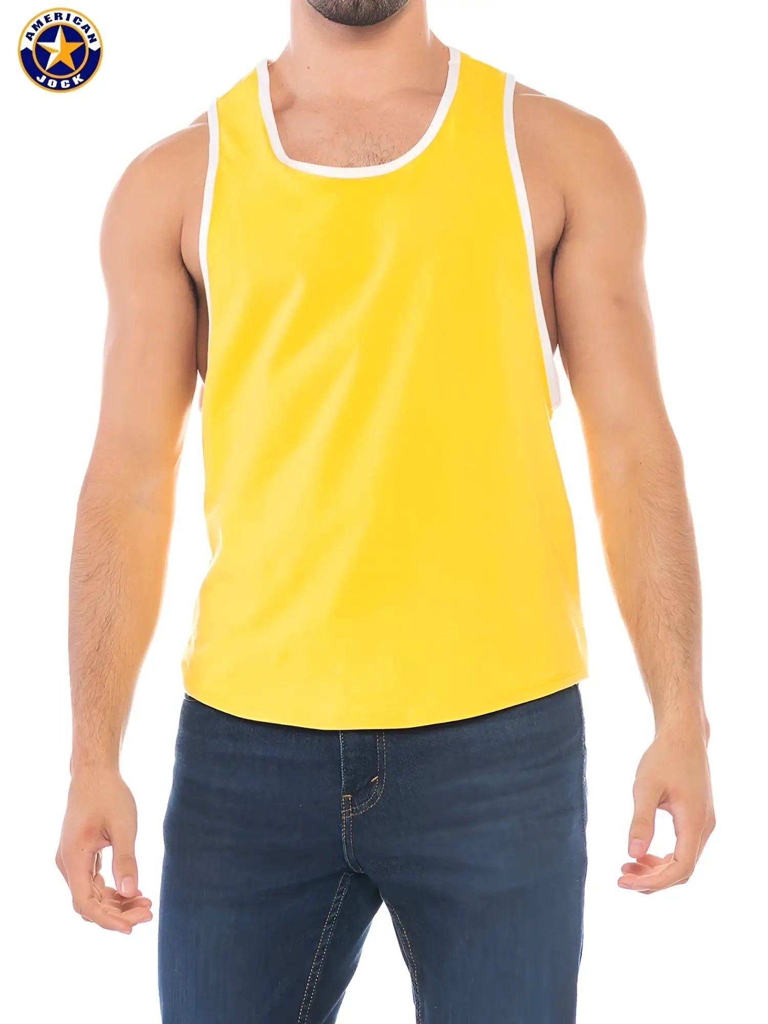 Bright yellow american jack tank top with white trim featuring deep armholes for athletic use