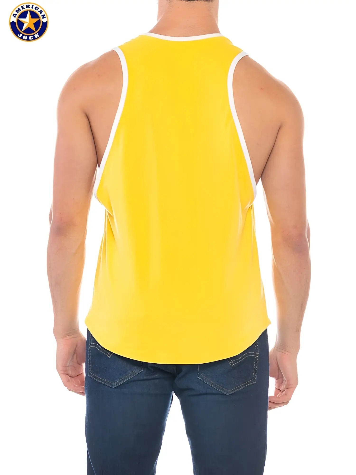 Bright yellow a j sports deep armhole american jock tank top with white trim along neckline and armholes